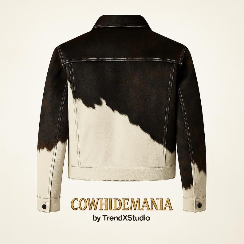 May include: A cowhide jacket with a black and white pattern. The jacket has a classic design with a collar, button closures, and white stitching. The text "COWHIDEMANIA by TrendXStudio" is at the bottom.