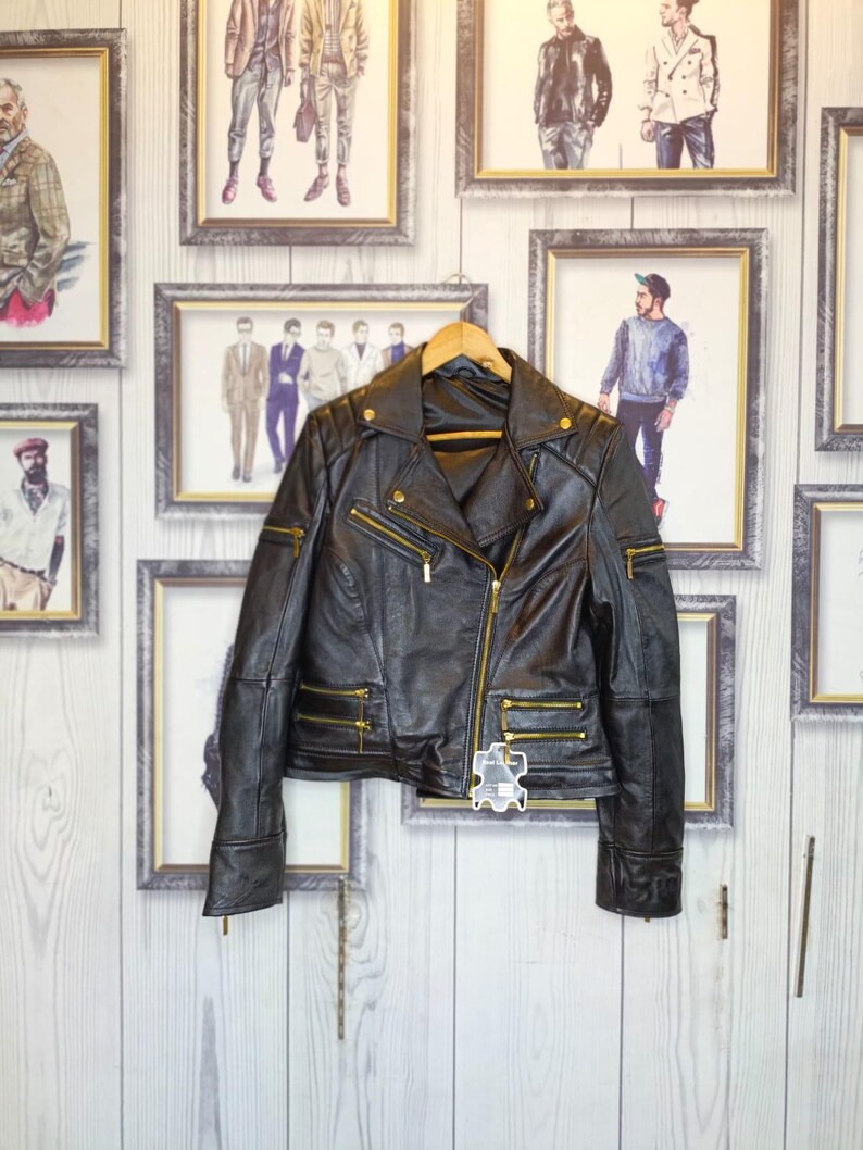 Women’s Cropped Biker Leather Jacket – Modern Moto Style with Gold Zippers – Handmade Luxury Motorcycle Coat!