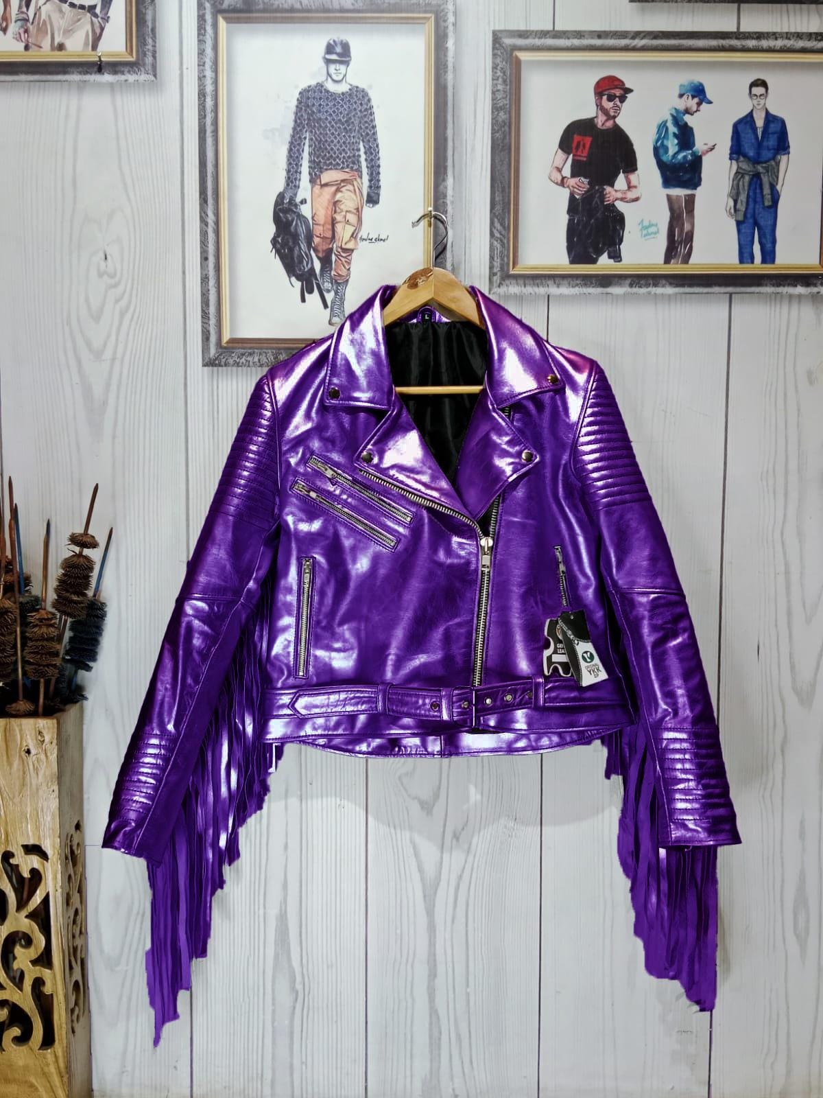 Metallic Fringe Leather Biker Jacket: Blue Quilted Moto Jacket - Etsy