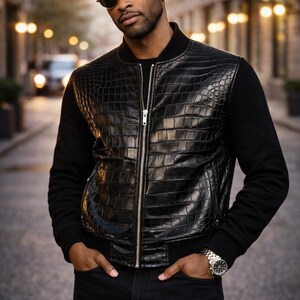 Men's Black Croc Genuine Leather Bomber Jacket: Fusion Racer image 1