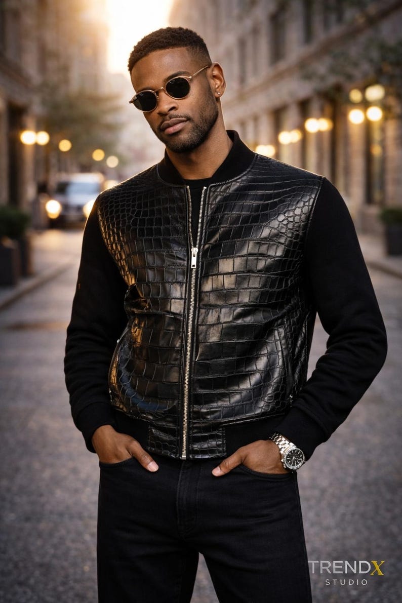 Men's Black Croc Genuine Leather Bomber Jacket: Fusion Racer image 1