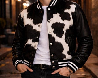 Black & White Cowhide Varsity Jacket – Hair-On Leather Bomber Black Sleeves – Unisex Rodeo Streetwear