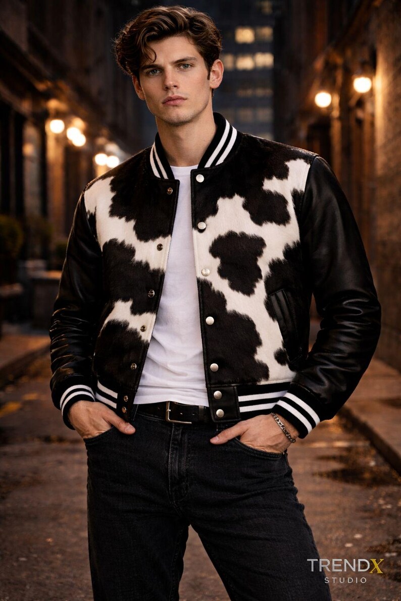 Black & White Cowhide Varsity Jacket – Hair-On Leather Bomber Black Sleeves – Unisex Rodeo Streetwear Black Varsity