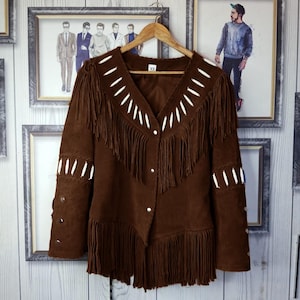 Women’s Western Fringe Chocolate Brown Suede Jacket – Handmade Boho Leather Coat with Bone Beads – Vintage Cowgirl Style
