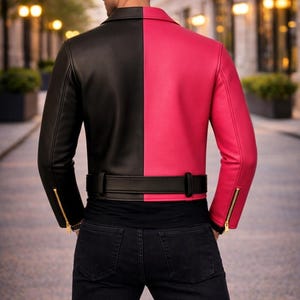 Hot Pink and Black Leather Jacket – Gold Hardware – Statement Two-Tone Moto | Unisex Fashion afbeelding 2