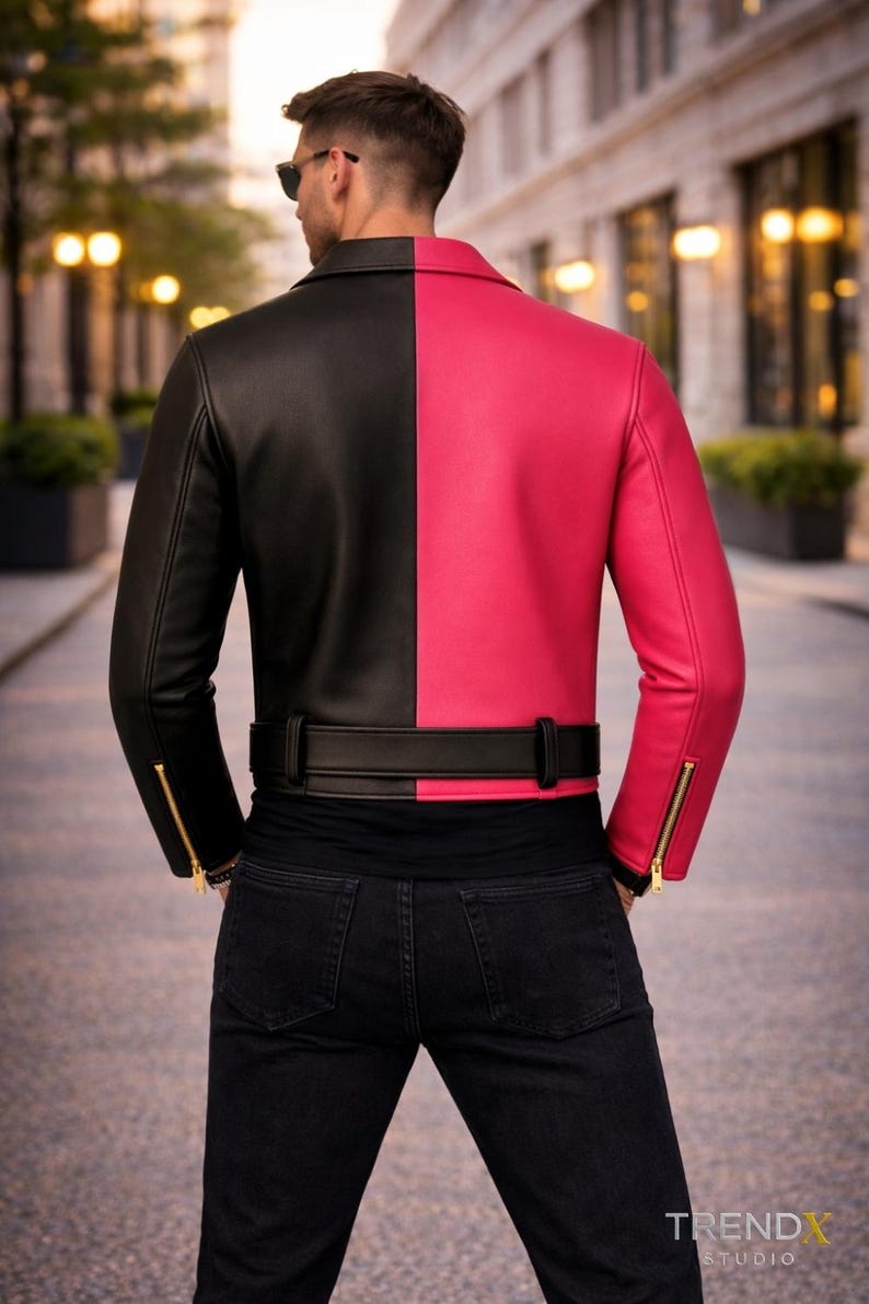 Hot Pink and Black Leather Jacket – Gold Hardware – Statement Two-Tone Moto | Unisex Fashion afbeelding 2