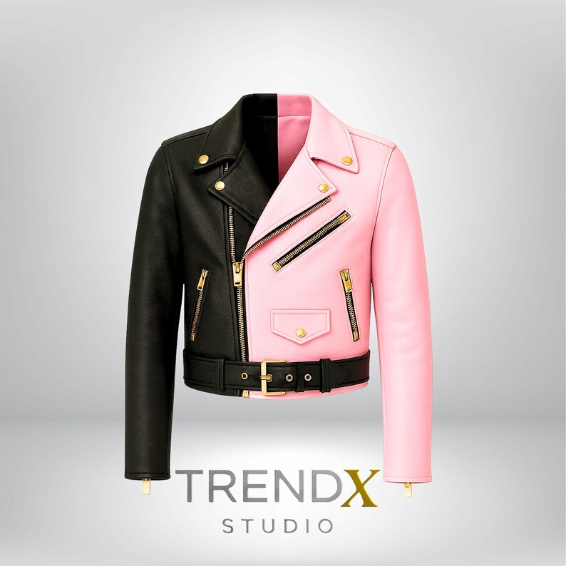 Pink and black handmade leather biker jacket with gold zippers, centered soft glow grey background | TrendX Studio