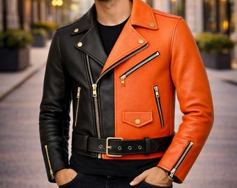 Black and Orange Leather Jacket – Gold Hardware – Bold Two-Tone Moto Style | Festival-Ready Rebel Fashion
