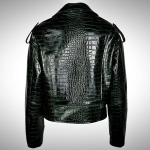 May include: A dark green leather jacket with a crocodile-embossed pattern. The jacket has a zipper closure and a stand-up collar.