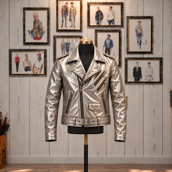 Silver Leather Motorcycle Jacket – Metallic Twin Zip Biker