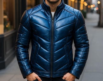 Men’s Metallic Blue Puffer Jacket – Futuristic Paneled Armor Design | High-Shine Streetwear