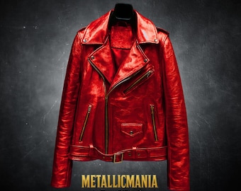 Metallic Red Leather Moto Jacket: Custom Fit Shiny Biker Jacket