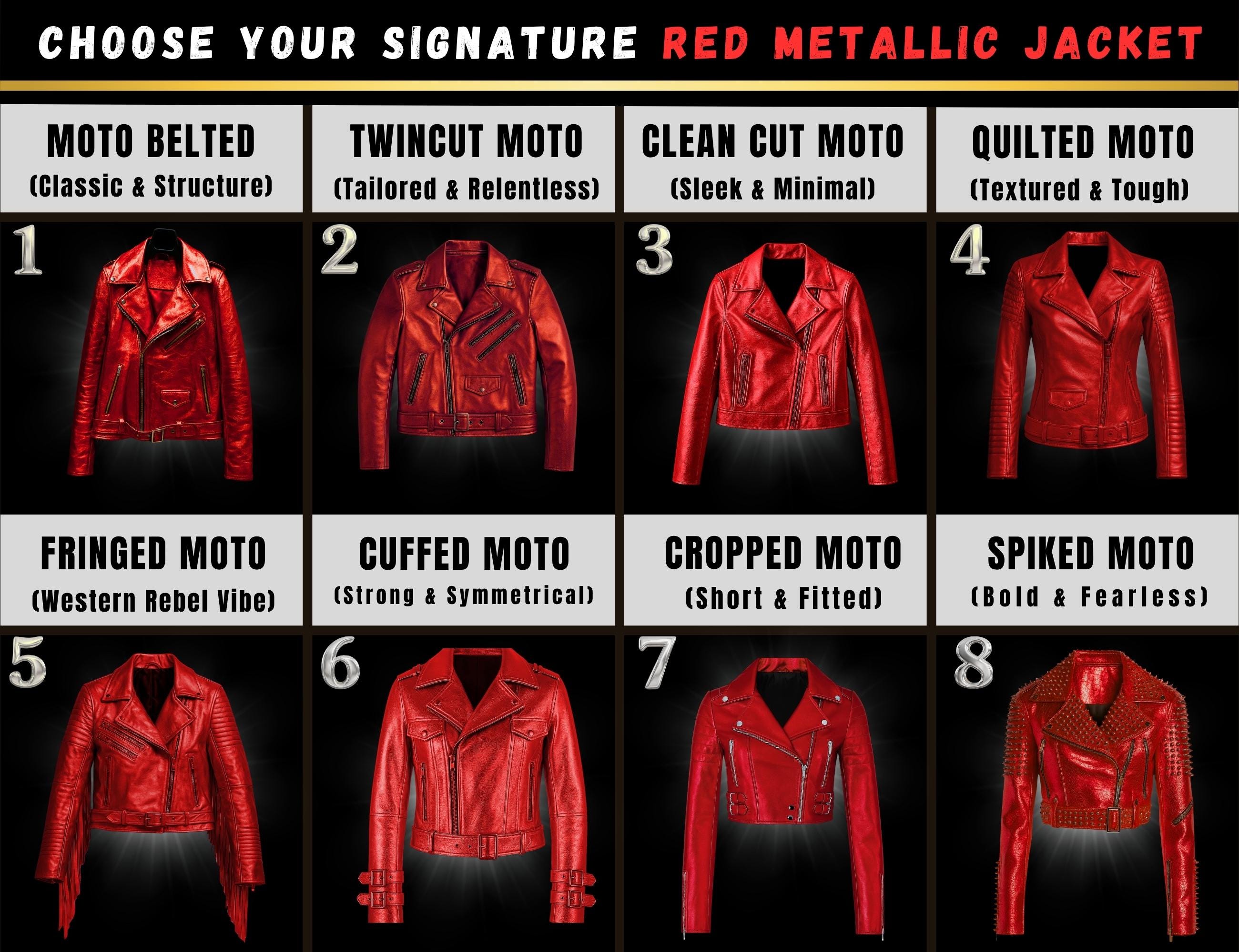 Red Metallic Leather Jacket – Vintage Sleek Fit Moto Style With