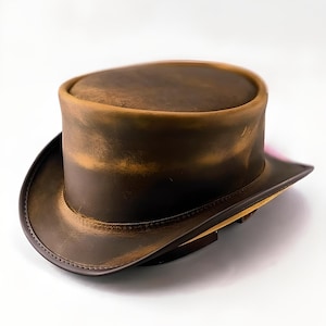 Image of a Men's Classic Marlow Leather Top Hat - Unbanded, showcasing a stylish and elegant leather top hat designed for men, featuring a classic shape and unadorned, smooth leather surface.