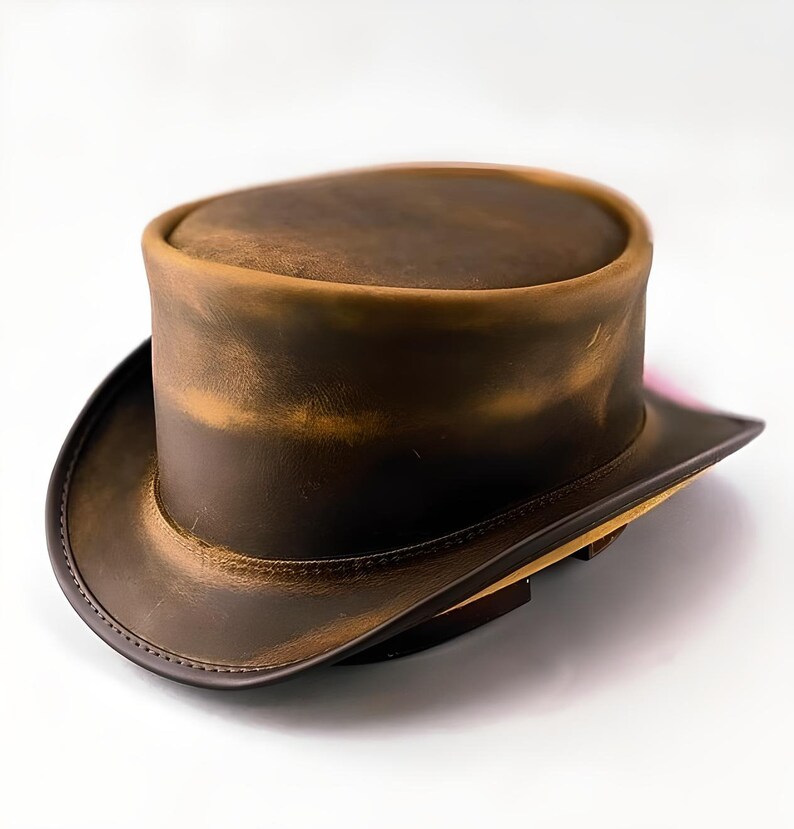 Image of a Men's Classic Marlow Leather Top Hat - Unbanded, showcasing a stylish and elegant leather top hat designed for men, featuring a classic shape and unadorned, smooth leather surface.