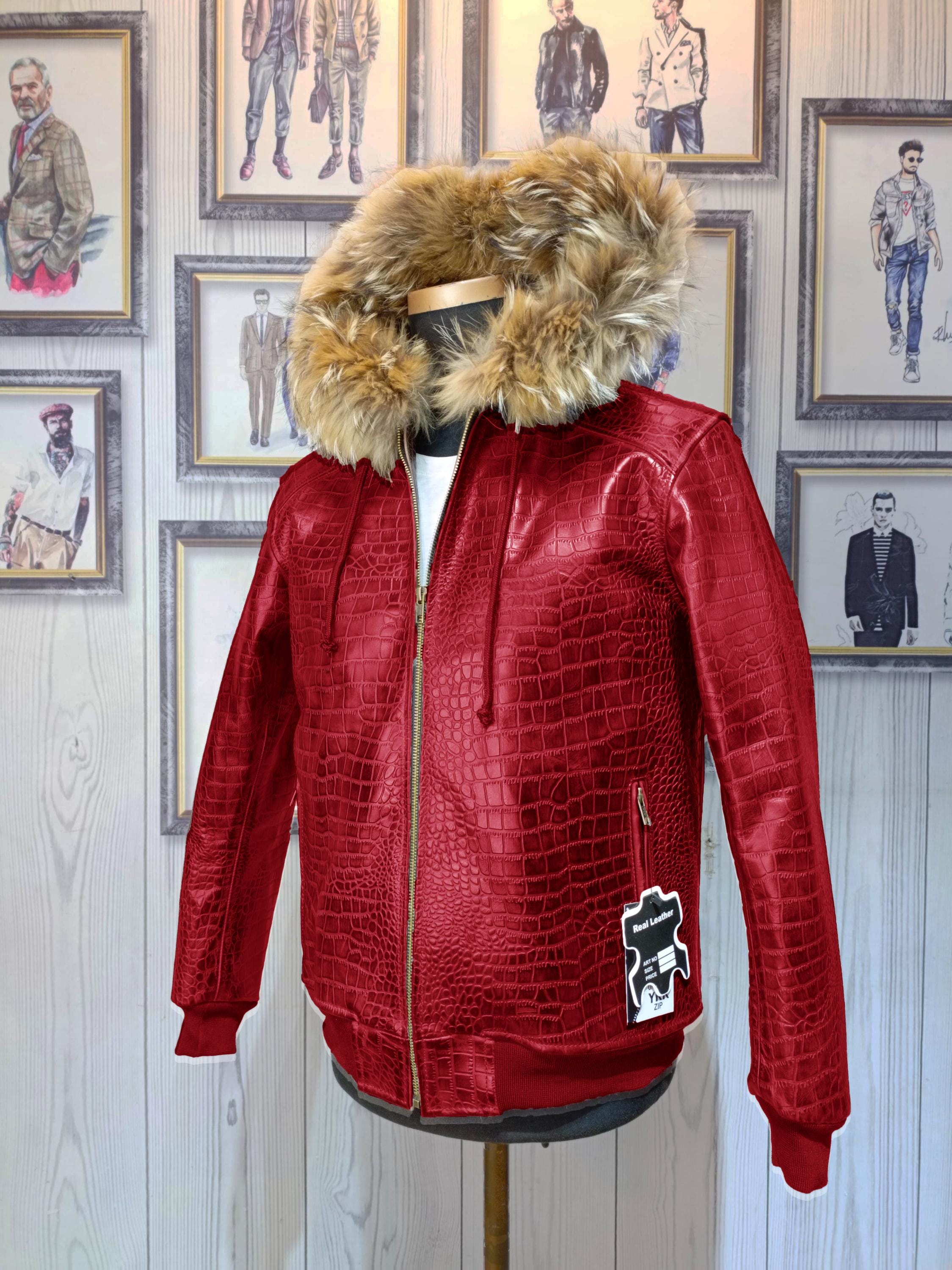 Men's Real Leather Alligator Embossed Bomber Jacket With Fur Hood