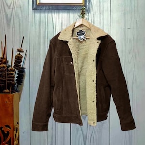 Men’s Chocolate Brown Sherpa Trucker Jacket – Suede Leather Winter Coat – Shearling Lined Warm Outerwear–XXS to 5X Timeless Comfort & Style!