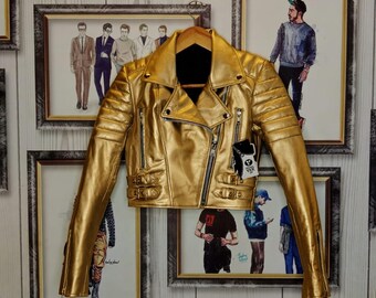 Women's Gold Metallic Cropped Jacket – Chic Leather, Trendy