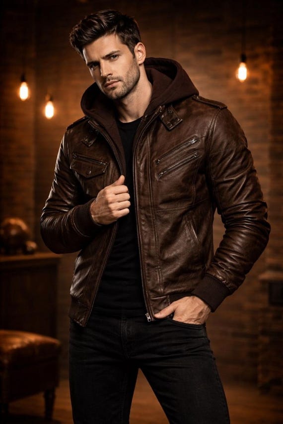 Dark Brown Sheep Leather Bomber Jacket: Detachable Fleece Hood