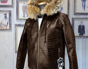 Men's Real Leather Alligator Embossed Bomber Jacket With Fur
