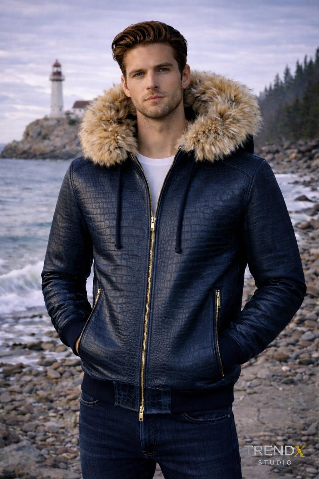 Men's Hooded Blue Croc Leather Jacket – Luxurious Winter Bomber