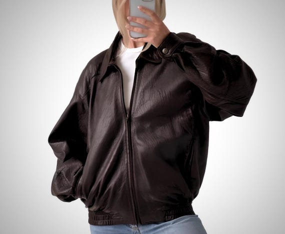 Oversized Vintage Brown Leather Jacket Womens Bomber Baggy Style