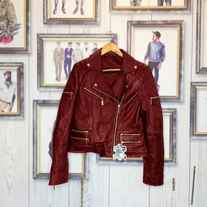 Women’s Cropped Maroon Biker Leather Jacket – Modern Moto Style with Gold Zippers – Handmade Luxury Motorcycle Coat!