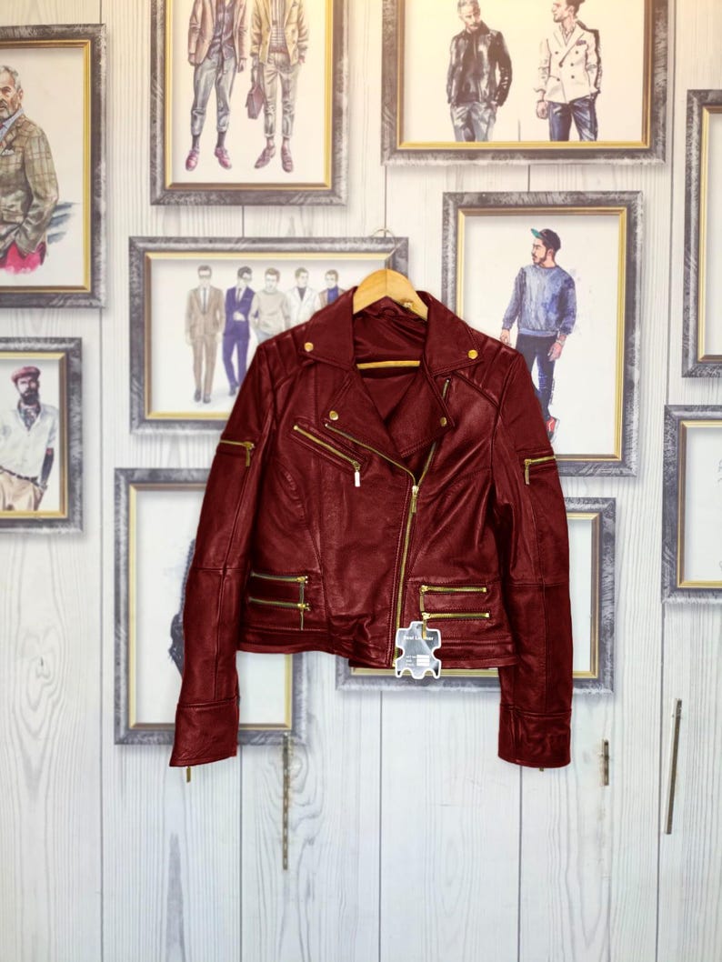 Women’s Cropped Maroon Biker Leather Jacket – Modern Moto Style with Gold Zippers – Handmade Luxury Motorcycle Coat!