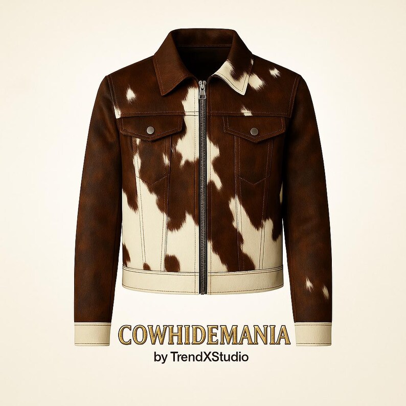 May include: A brown and white cowhide jacket with a zipper closure, two chest pockets, and a collar. The jacket has a brown body with white and brown cowhide pattern on the front. The text "COWHIDEMANIA" is at the bottom.