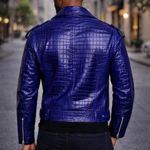 Blaue Kroko-Print Leder Moto Jacke im Biker-Stil Bild 2