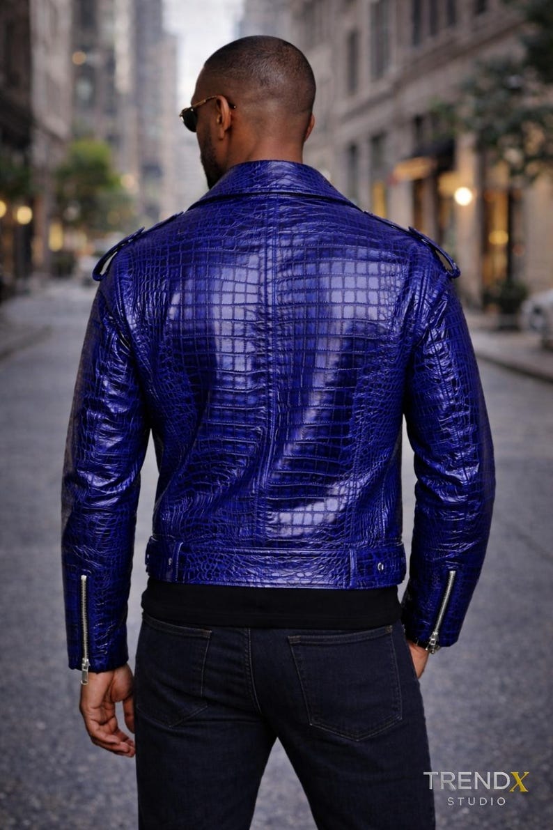 Blaue Kroko-Print Leder Moto Jacke im Biker-Stil Bild 2