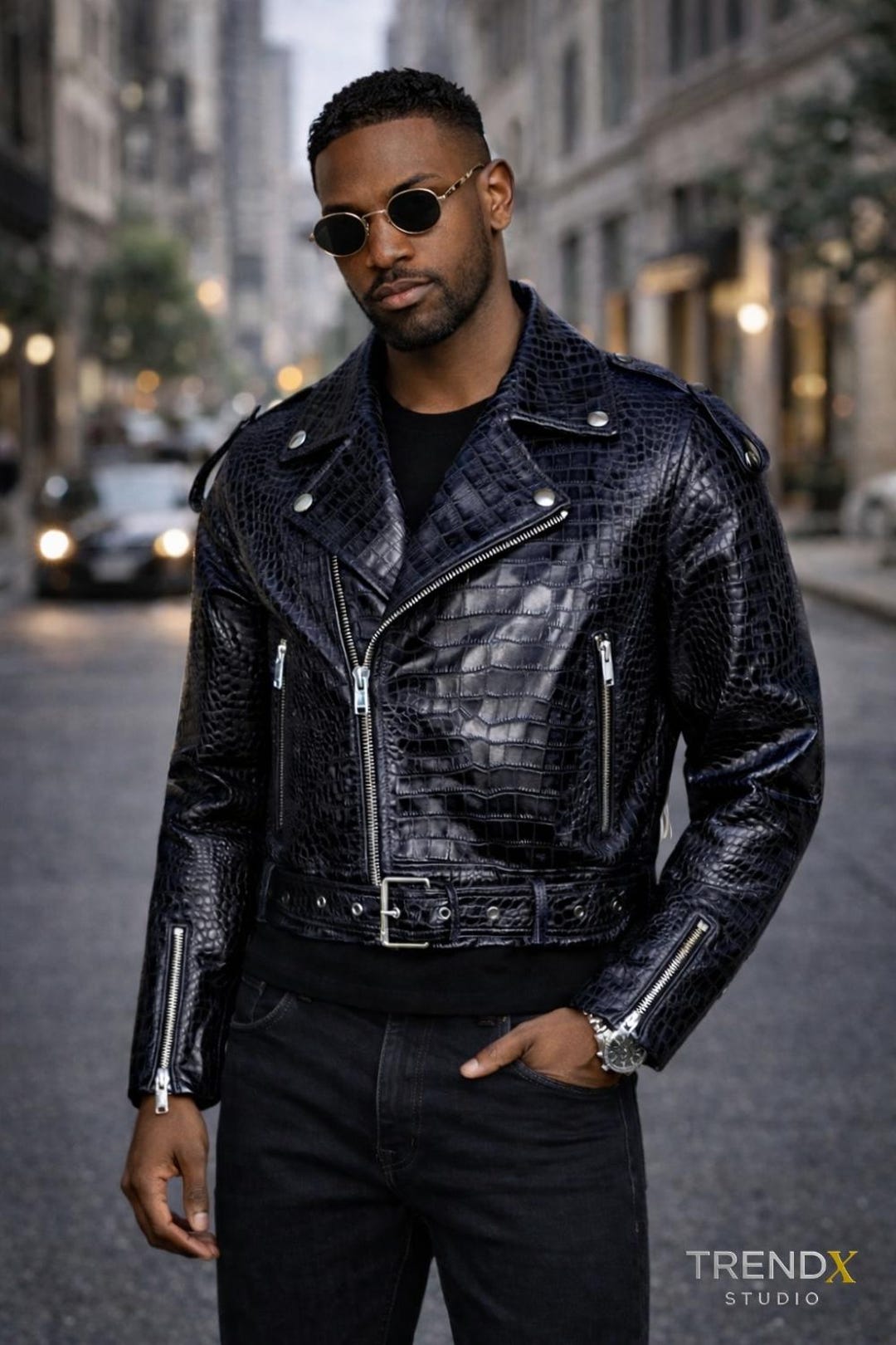 Men's Real Leather Crocodile Embossed Biker Jacket: Black