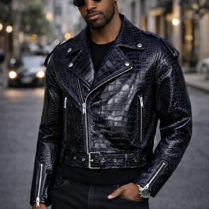 Men's Real Leather Crocodile Embossed Biker Jacket: Black Alligator Print image 1