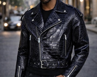 Men's Real Leather Crocodile Embossed Biker Jacket: Black