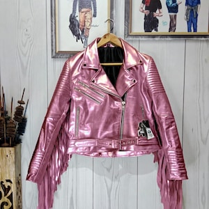 Womens Metallic Pink Fringe Jacket Leather - Shiny Fashion Biker Coat, Quilted Arms & Belted Waist