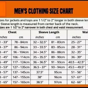 May include: A men's clothing size chart showing chest, sleeve length, and waist measurements in inches and cm. Sizes range from XS to 5XL. Includes notes on tall and slim fits.