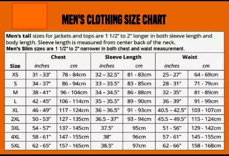 May include: A men's clothing size chart showing chest, sleeve length, and waist measurements in inches and cm. Sizes range from XS to 5XL. Includes notes on tall and slim fits.