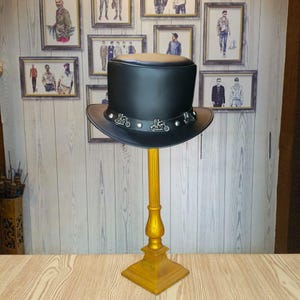 Men&#39;s Black Leather Top Hat - Steampunk Biker Style with Motorcycle Accents - Handcrafted Gothic Festival Headwear