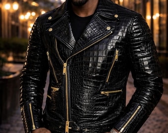Handmade Alligator Embossed Leather Biker Jacket: Golden Hardware