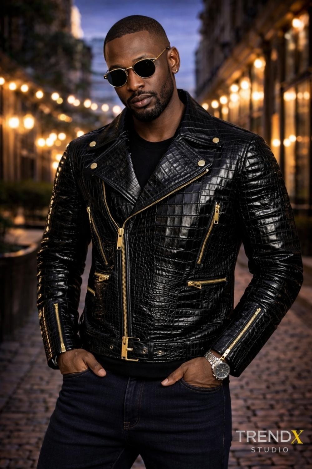 Handmade Alligator Embossed Leather Biker Jacket: Golden Hardware