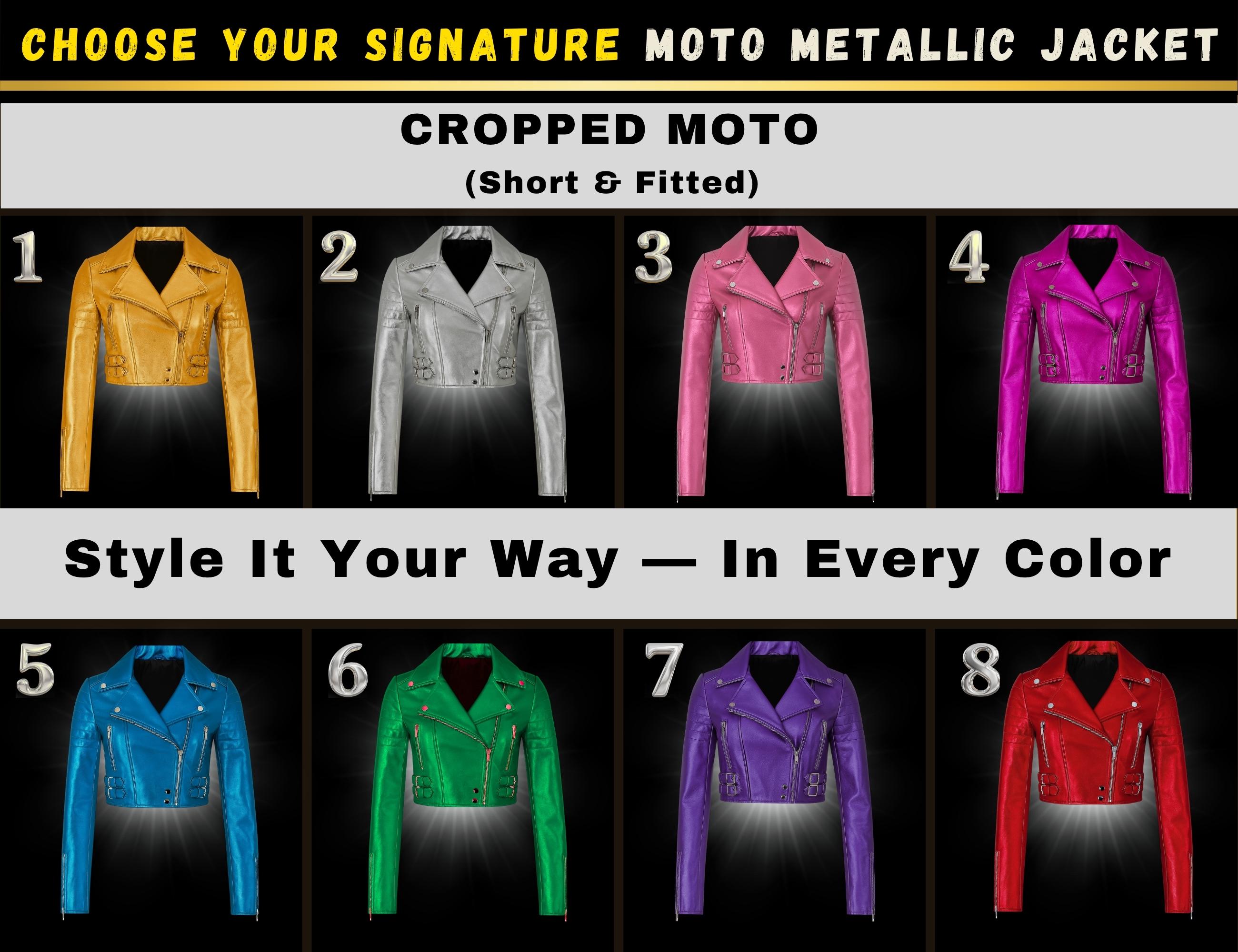 Women's Purple Metallic Cropped Jacket – Chic Leather, Fitted Moto