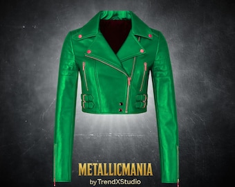 Metallic Green Leather Moto Jacket: Cropped Biker Style - Etsy