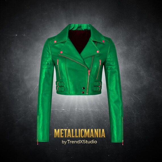 Women's Metallic Green Cropped Jacket: Chic Leather Trendy Fitted