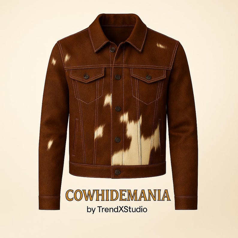 May include: Brown cowhide jacket with a classic collar, two chest pockets, and button closures. The jacket features patches of white and tan cowhide. The text "COWHIDEMANIA by TrendXStudio" is displayed at the bottom.