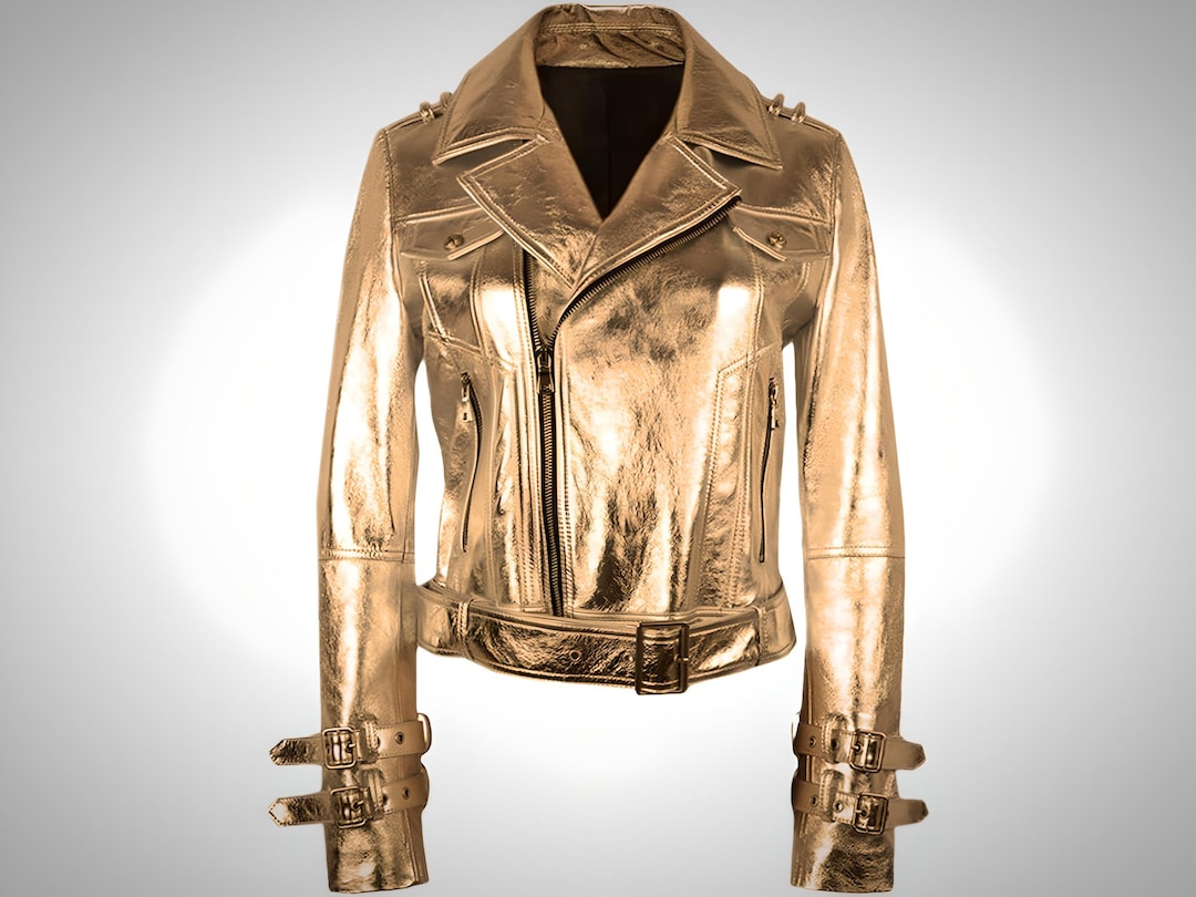 Gold Metallic Leather Jacket Men & Women Vintage Motorcycle Style Sleek ...