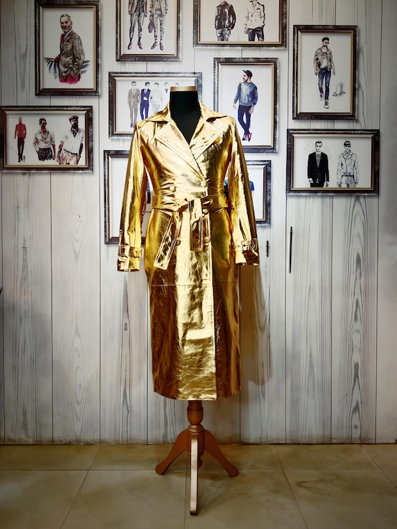 Metallic Leather Gold Trench Coat Womens - Vintage-inspired