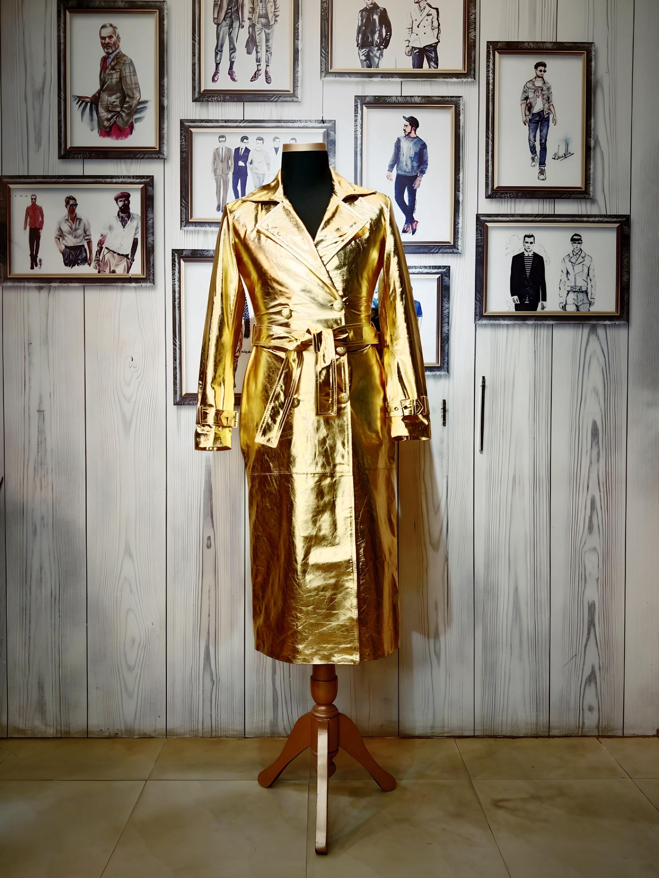Metallic Leather Gold Trench Coat Womens - Vintage-inspired Metallic Leather Gold Trench Coat Womens - Vintage-inspired