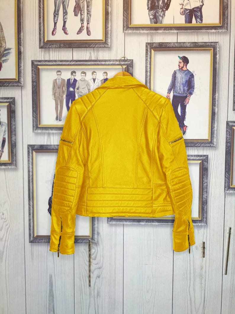 Handmade Yellow Leather Biker Jacket: Cropped Moto with Gold Zippers afbeelding 4