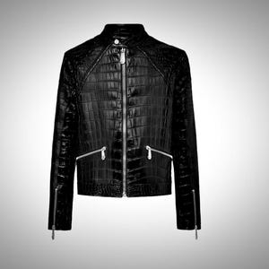 Men’s Modern Black Croc Jacket – Contemporary Racer Design crafted from crocodile-print leather with a sleek, modern fit and stylish racer appeal.