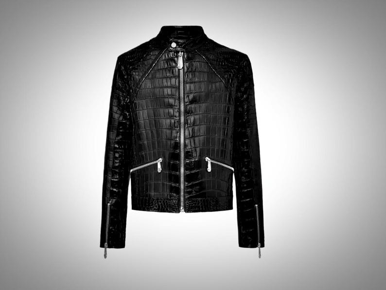 Men’s Modern Black Croc Jacket – Contemporary Racer Design crafted from crocodile-print leather with a sleek, modern fit and stylish racer appeal.
